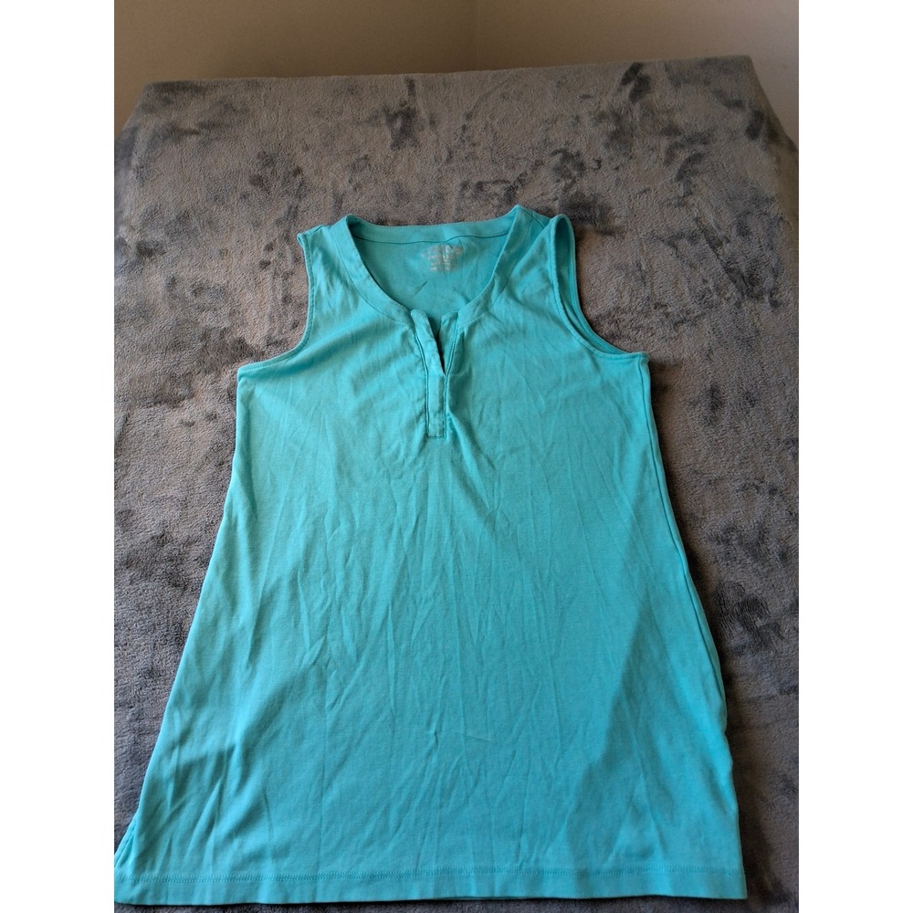 Chicos Turquoise Blue Pima Cotton Sleeveless Split Neck‎ Tank Top Size 1 Medium